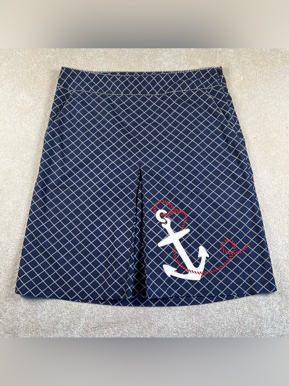 LL Bean Skirt Nautical Blue Anchor Knee Length Blue White 100% Cotton Women's 10